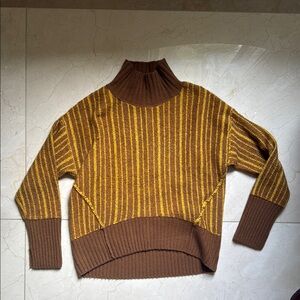 J.ING Brown and Yellow Turtleneck Sweater with Ribbed Details